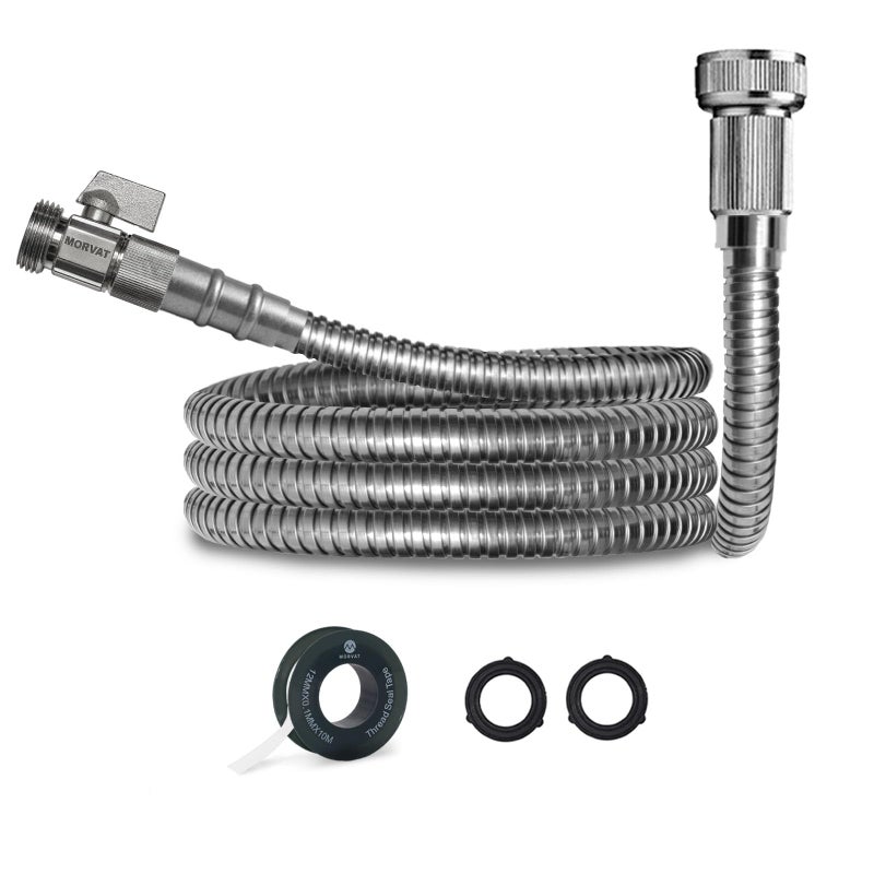 Morvat 3ft Stainless Steel Garden Hose Metal with Brass ON/OFF Valve, Heavy Duty for Nozzle, Water, Yard & Outdoor, Lightweight No-Kink, Crush & Puncture Resistant, Roll of Teflon Tape & 3 Washers - Image 1